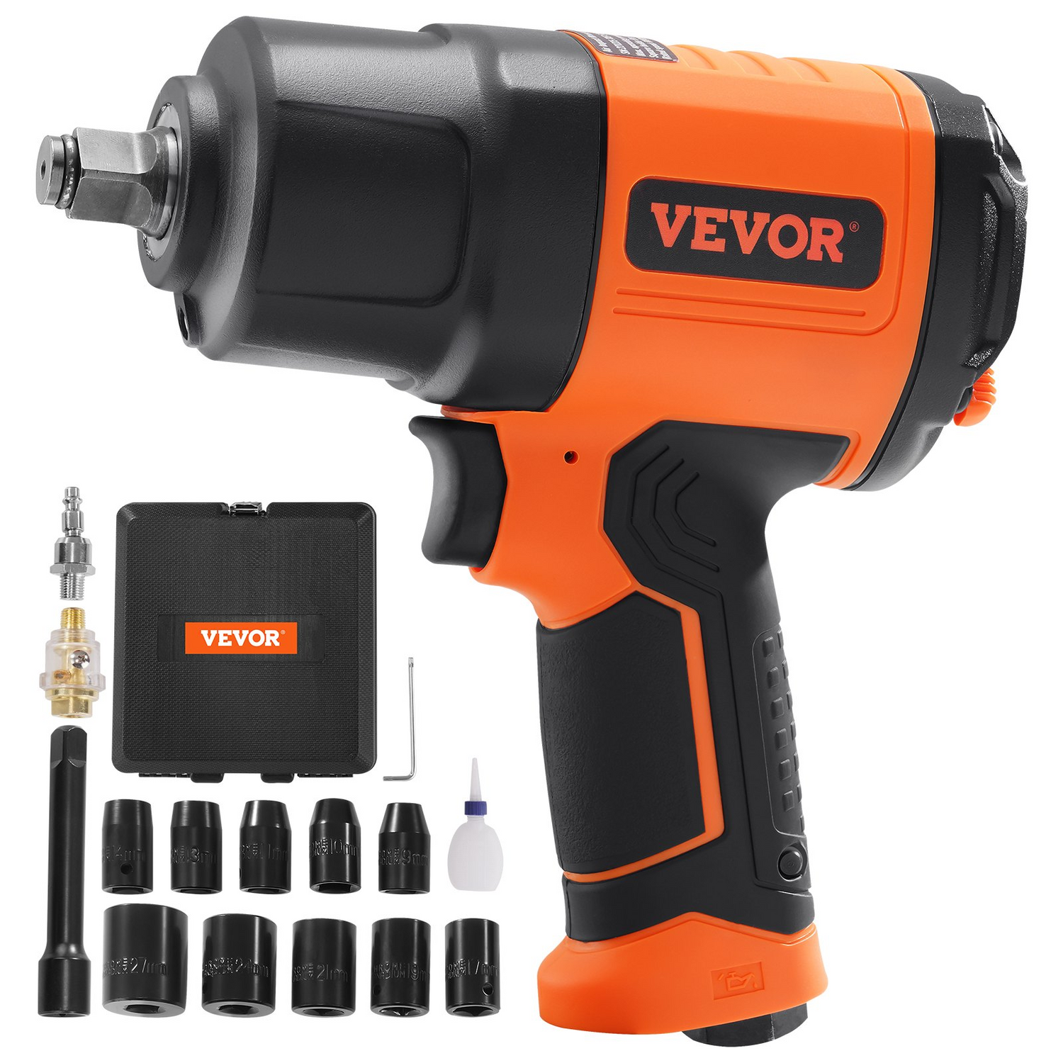 Start2Finish VEVOR 1/2-inch air impact wrench with high torque, lightweight design, and included 11-piece impact socket set and case.