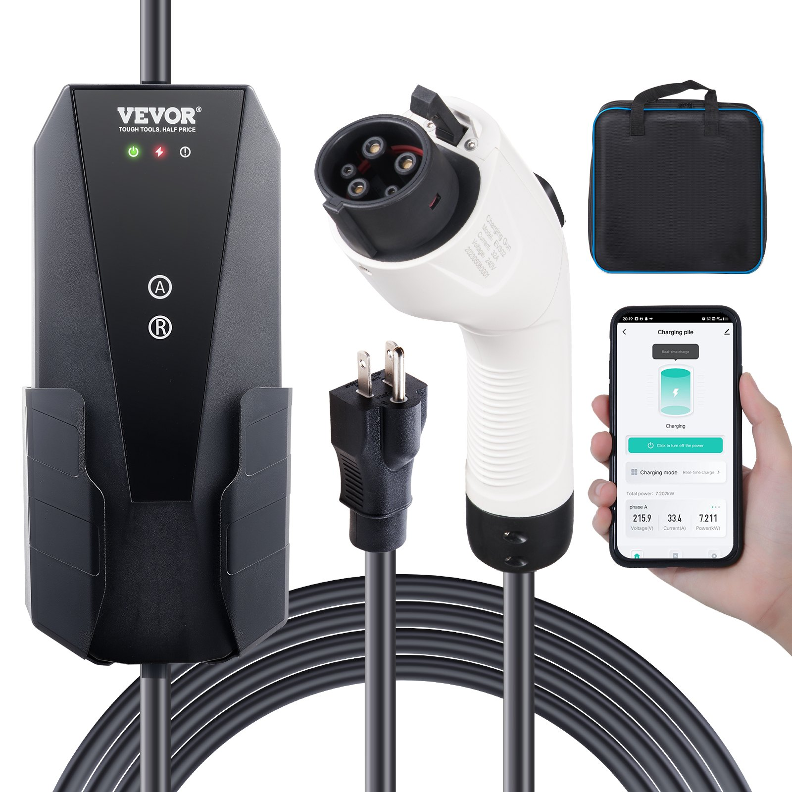 Start2Finish VEVOR Level 1+2 portable EV charger with 28-foot cable, NEMA plugs, suitable for SAE J1772 electric vehicles.