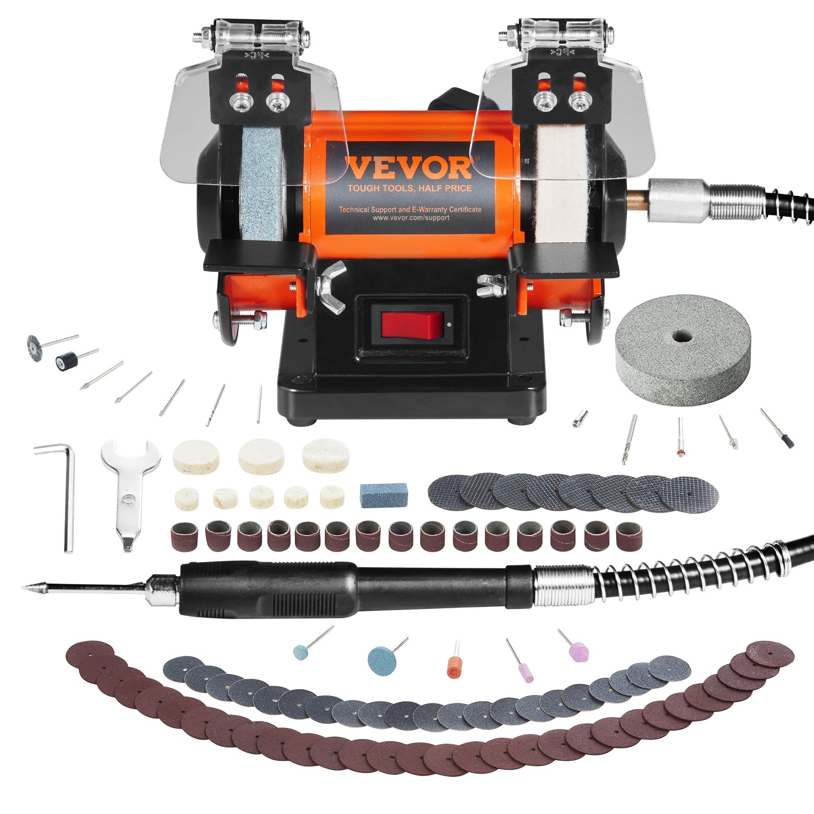 Start2Finish VEVOR jewelry polisher with wool, abrasive, and grinding wheels, bench grinder and 100 tools for polishing and buffing.