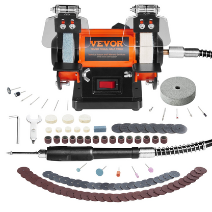 Start2Finish VEVOR jewelry polisher with wool, abrasive, and grinding wheels, bench grinder and 100 tools for polishing and buffing.