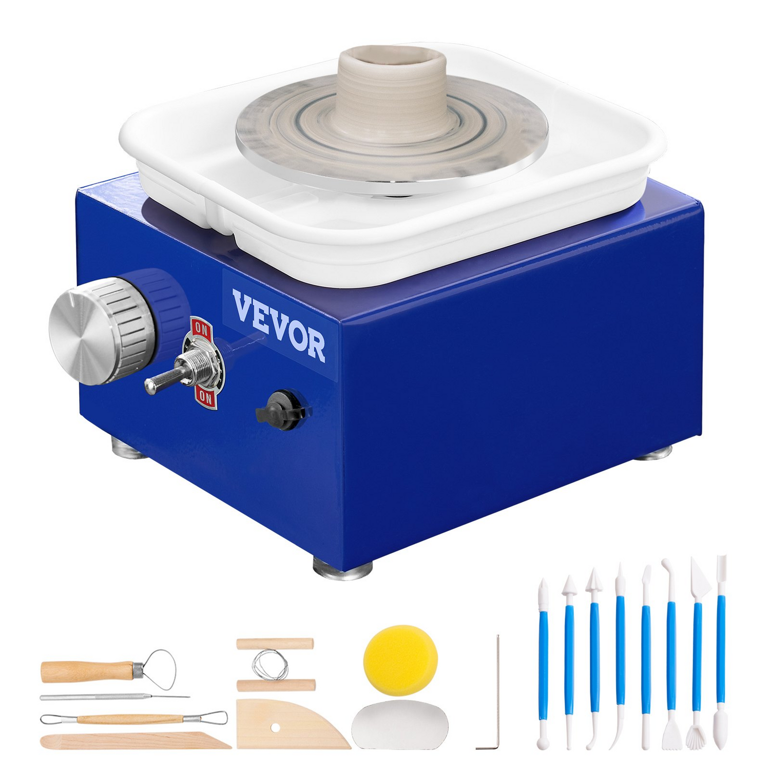 Blue VEVOR mini pottery wheel for kids and beginners with adjustable speed, ceramic turntables, accessories, and detachable basin.