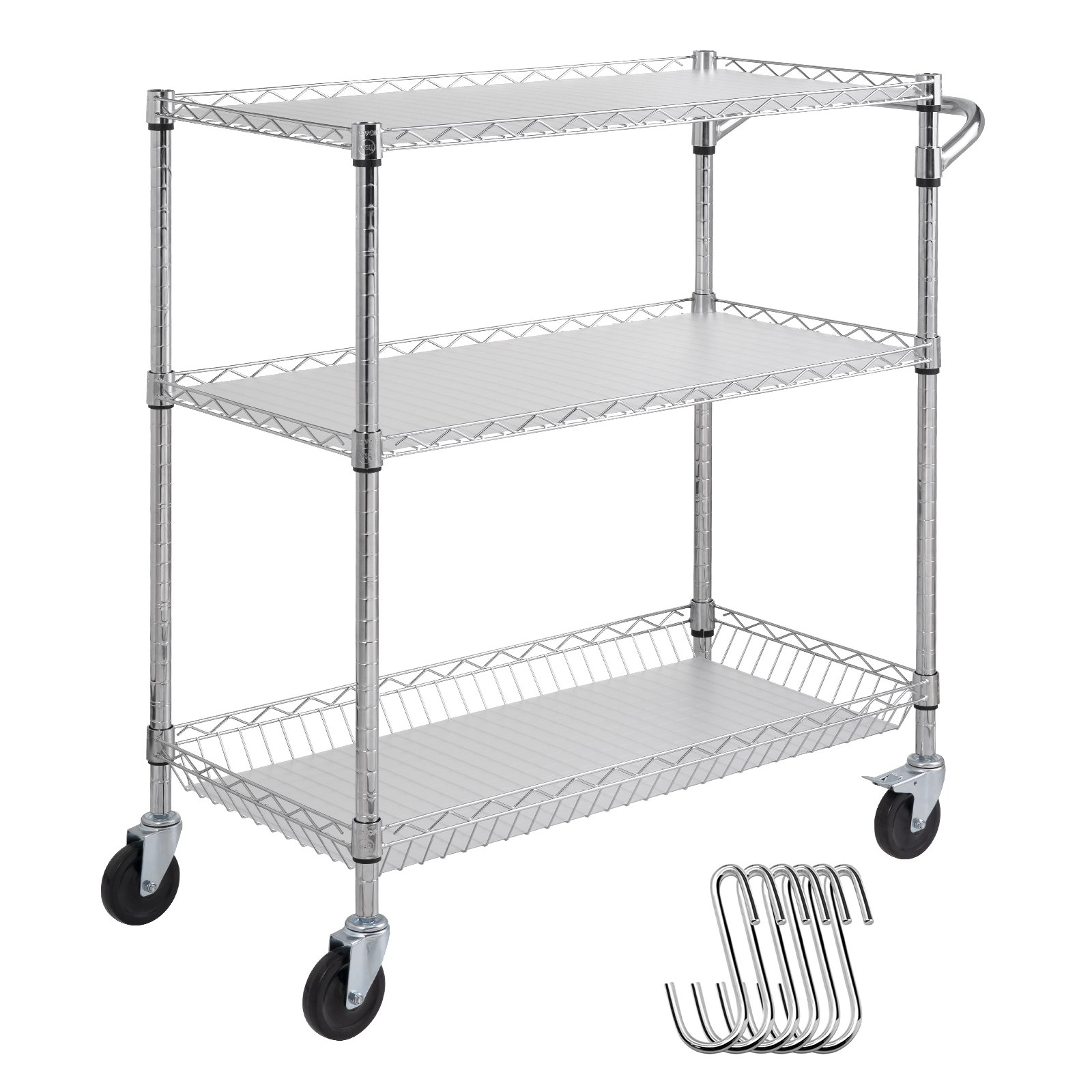 Start2Finish VEVOR kitchen utility cart with 3 wire tiers, steel frame, curved handle, and hooks for indoor and outdoor use.