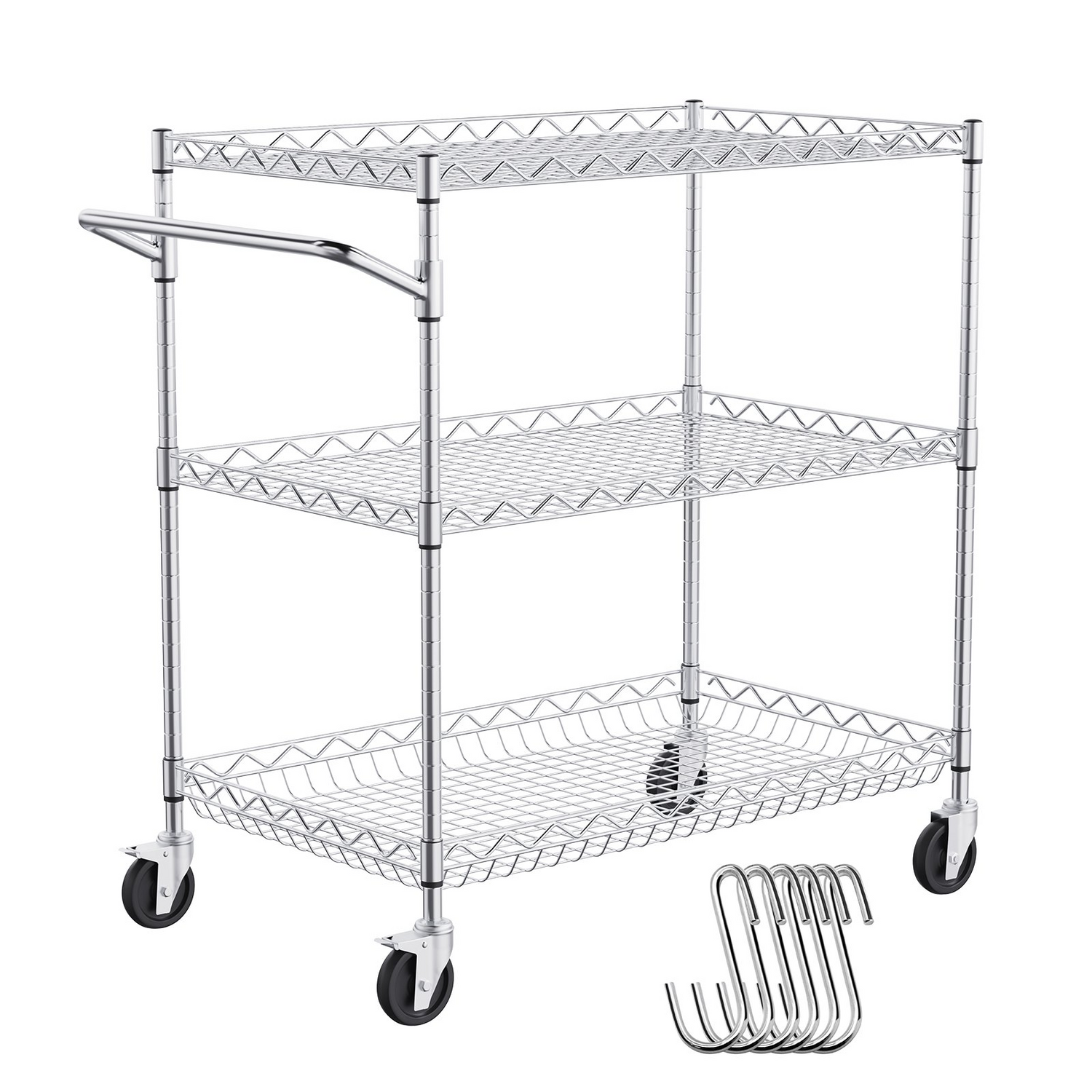 Start2Finish VEVOR kitchen utility cart with three wire tiers, metal storage trolley with curved handle and hooks, on wheels.