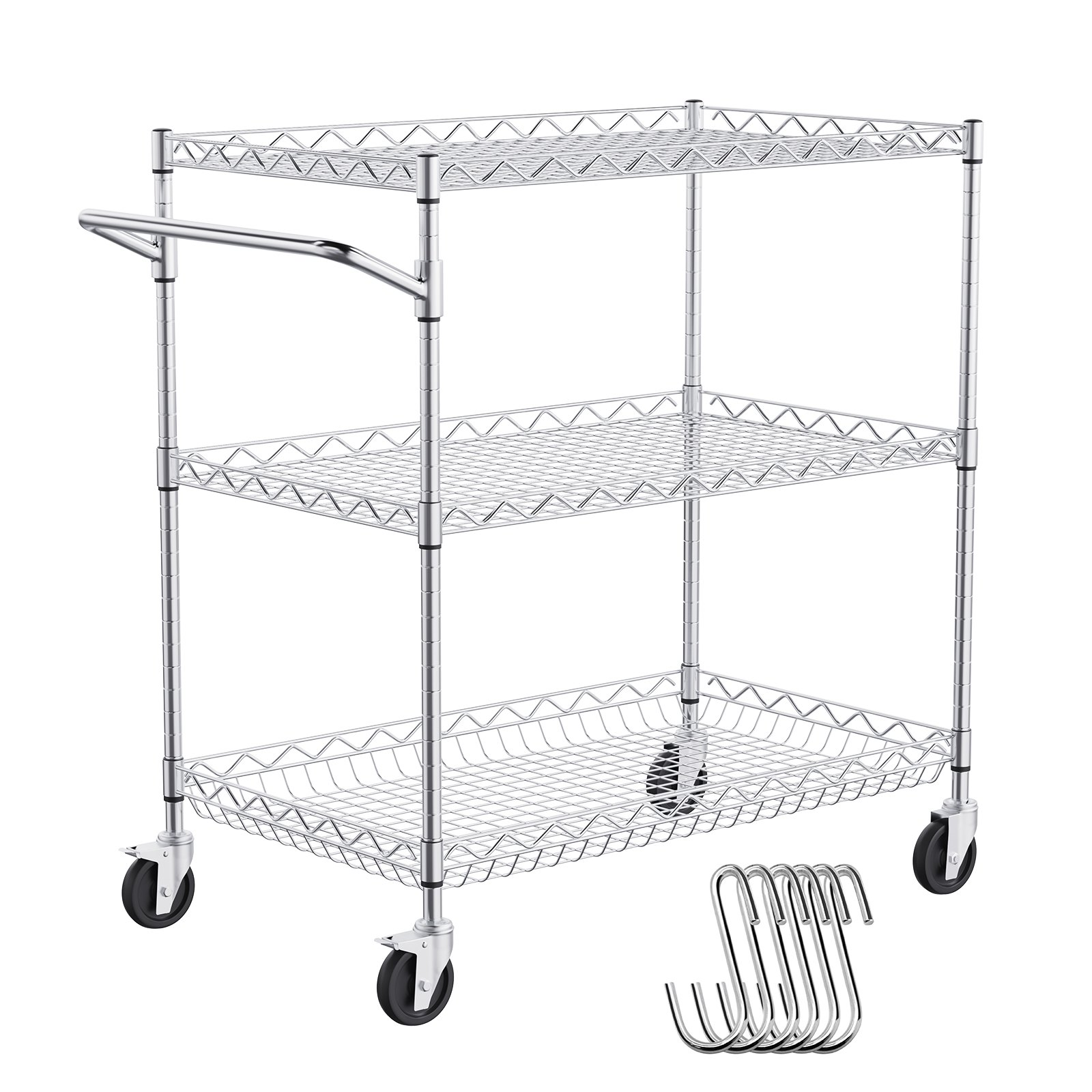 Start2Finish VEVOR kitchen utility cart with three wire tiers, metal storage trolley with curved handle and hooks, on wheels.