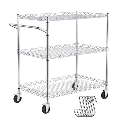 Start2Finish VEVOR kitchen utility cart with three wire tiers, metal storage trolley with curved handle and hooks, on wheels.