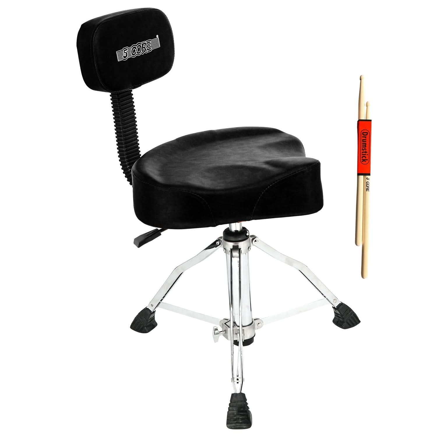Start2Finish 5 Core Drum Throne with 4-inch padded seat, backrest, and airlift adjustable height for ergonomic drumming comfort.