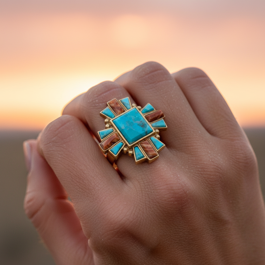 Start2Finish Santa Fe blue turquoise and gold statement jewelry ring with intricate design and vibrant color details.