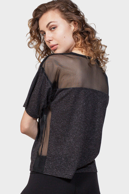 Gold Felix back mesh yoke top, stylish blouse with sheer mesh detail on the yoke and classic short-sleeve design.