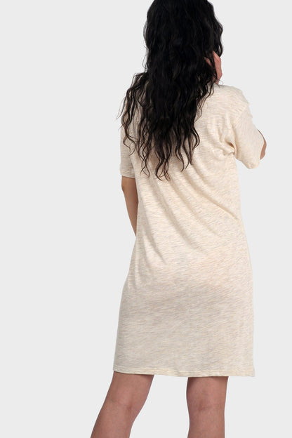 Gold Felix Mika organic T-shirt dress, casual style with short sleeves and relaxed fit, made from sustainable fabric.
