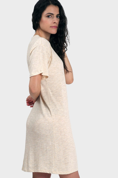 Gold Felix Mika Organic T-Shirt Dress, casual and comfortable dress made from organic fabric, shown on a model.