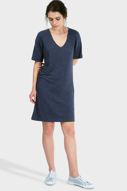 Gold Felix Mika organic T-shirt dress, casual short-sleeve style with a relaxed fit and soft fabric, displayed on a hanger.