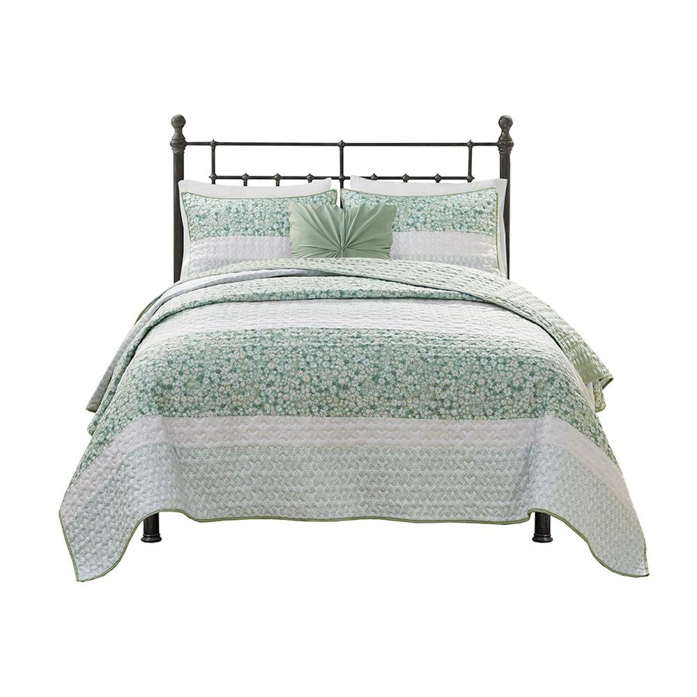 Start2Finish 4-piece seersucker quilt set with matching throw pillow, featuring textured blue and white fabric for a cozy bedroom look.