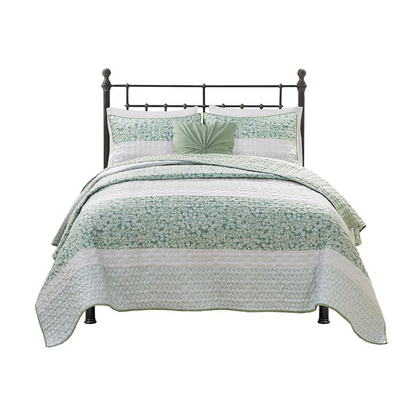 Start2Finish 4-piece seersucker quilt set with matching throw pillow, featuring textured blue and white fabric for a cozy bedroom look.