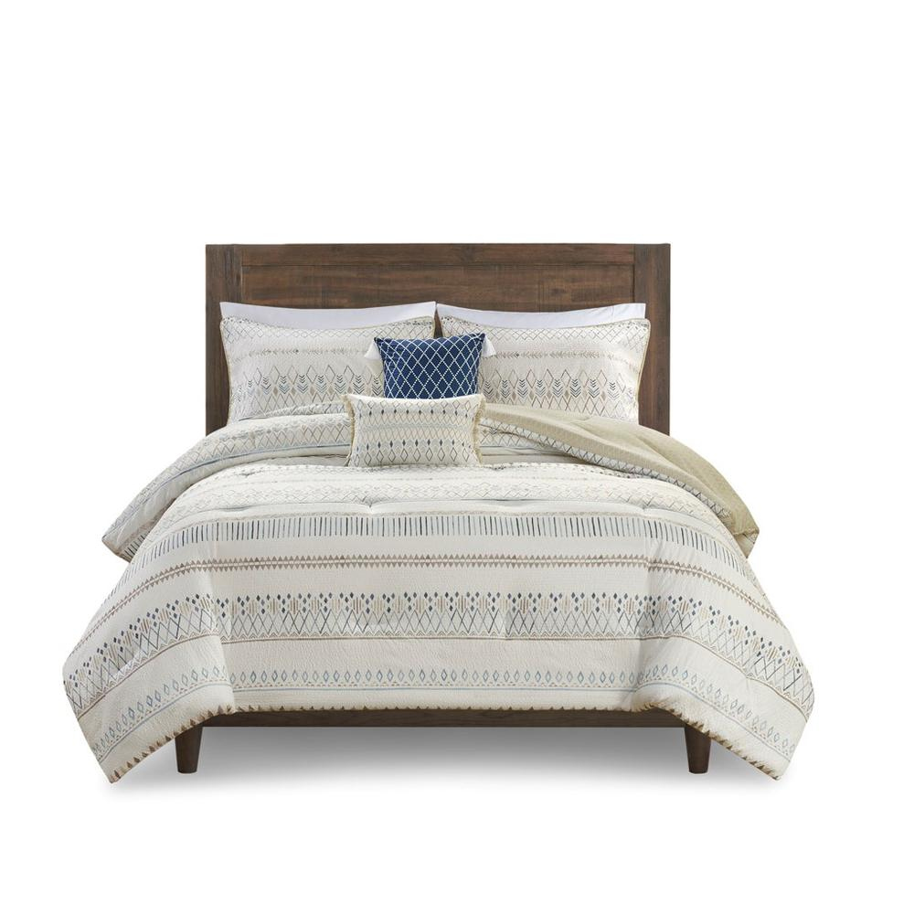 Start2Finish 5-piece printed seersucker bedding comforter set with matching throw pillows, featuring a stylish, textured design.