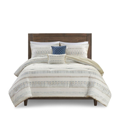 Start2Finish 5-piece printed seersucker bedding comforter set with matching throw pillows, featuring a stylish, textured design.