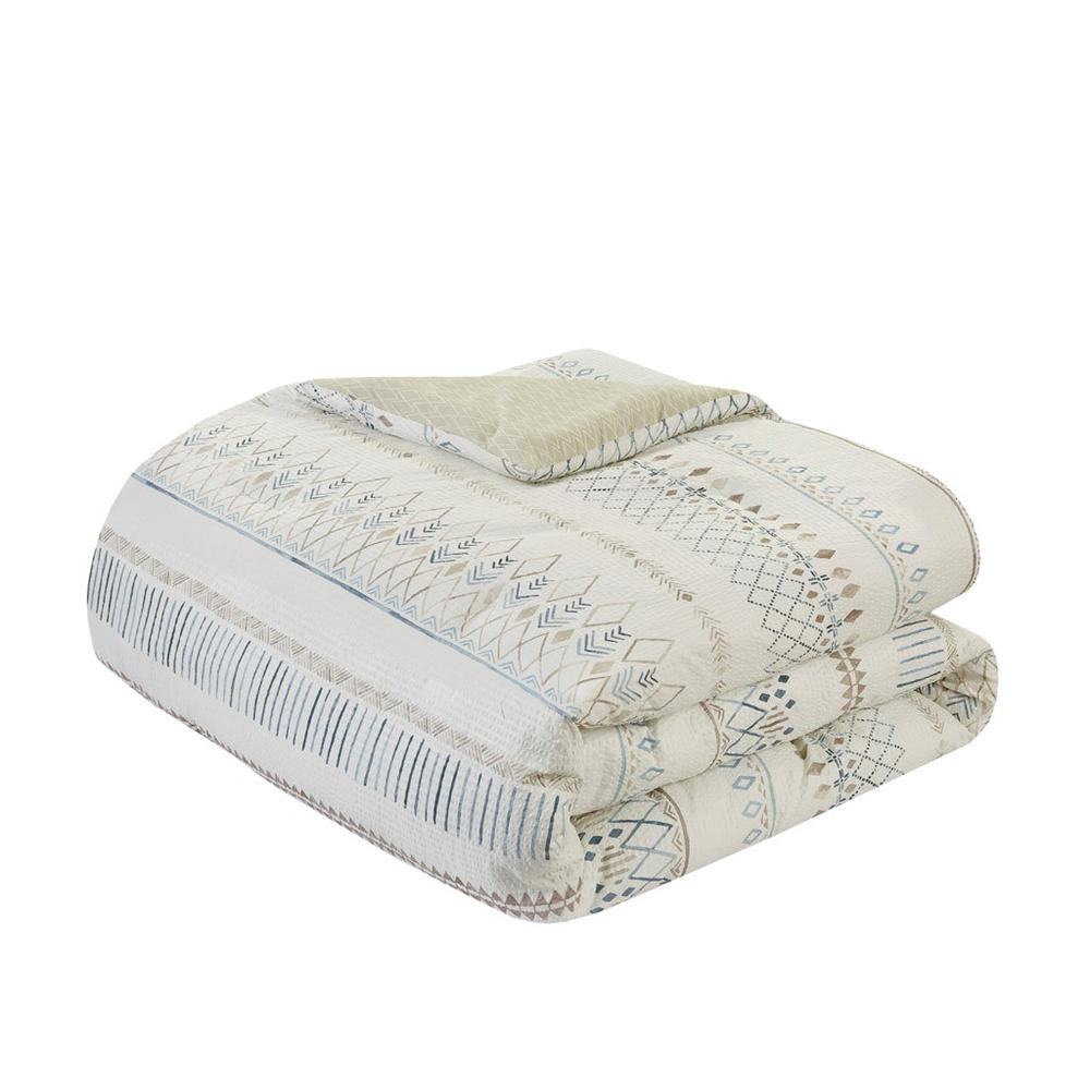 Start2Finish 5-piece printed seersucker comforter bedding set with matching throw pillows, featuring a stylish and textured design.