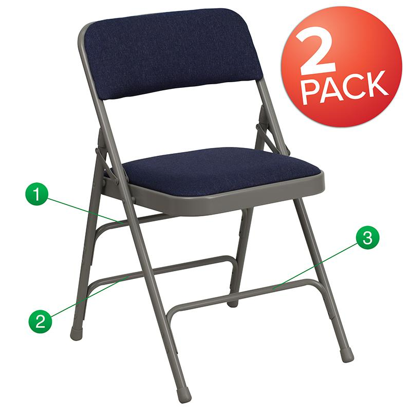 Two navy fabric folding chairs from Start2Finish Hercules Series with curved triple braced and double hinge metal frames.