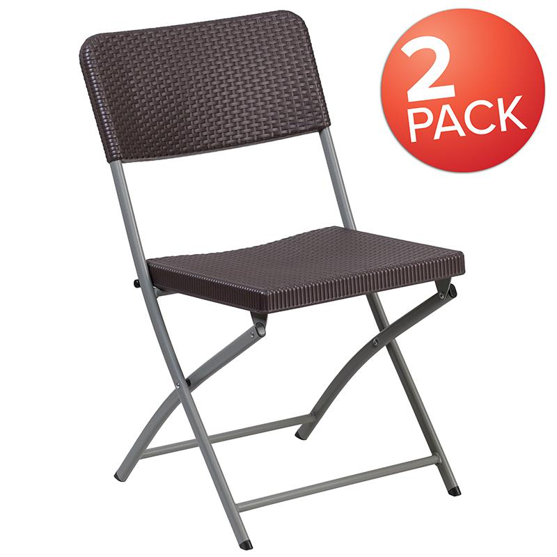 Two brown rattan plastic folding chairs with gray frames from the HERCULES Series by Start2Finish, shown folded and stacked.