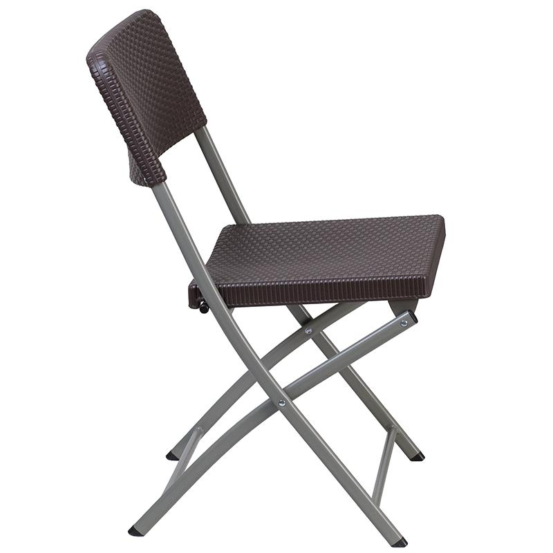 Two brown rattan plastic folding chairs with gray frames from the HERCULES Series by Start2Finish, shown in a folded position.