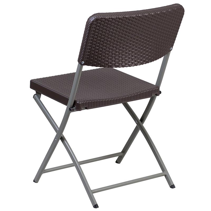 Two brown rattan plastic folding chairs with gray metal frames, featuring a stylish design and sturdy construction.