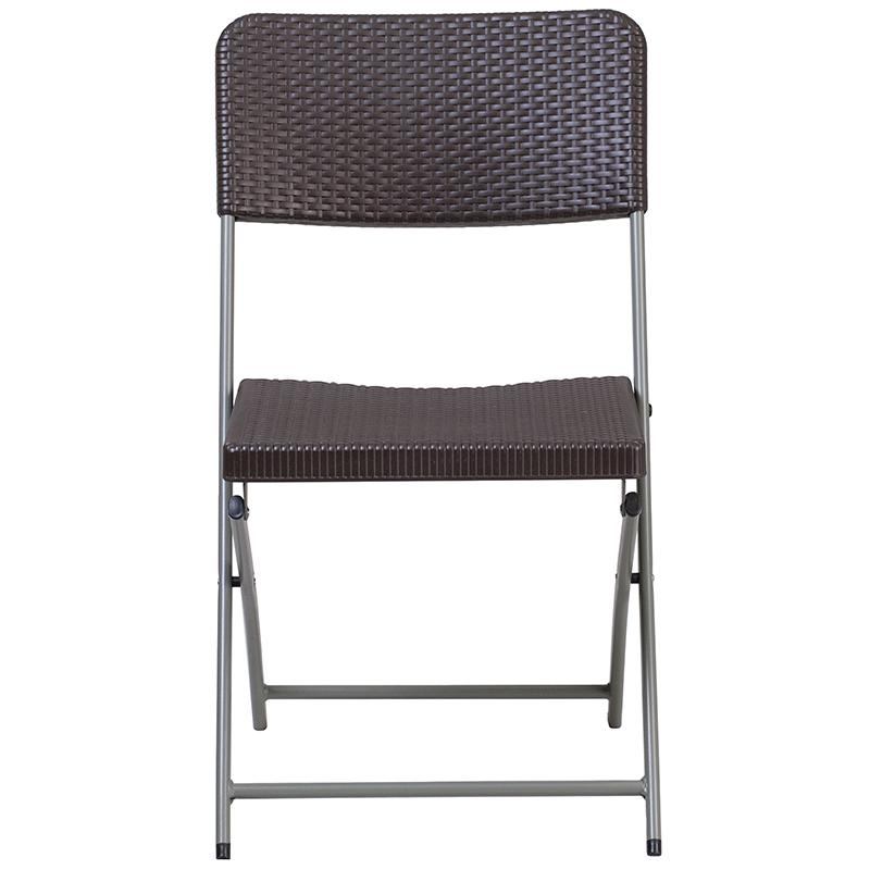 Two brown rattan plastic folding chairs with gray metal frames from the HERCULES Series by Start2Finish, shown stacked side by side.
