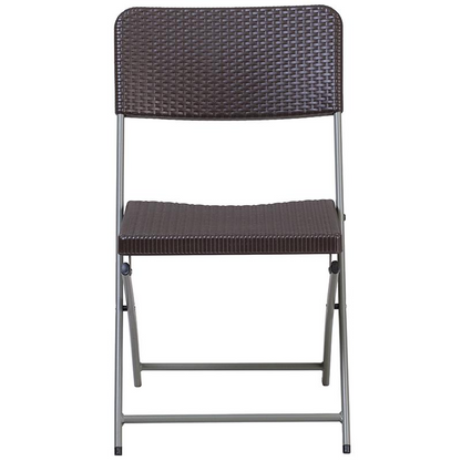 Two brown rattan plastic folding chairs with gray metal frames from the HERCULES Series by Start2Finish, shown stacked side by side.