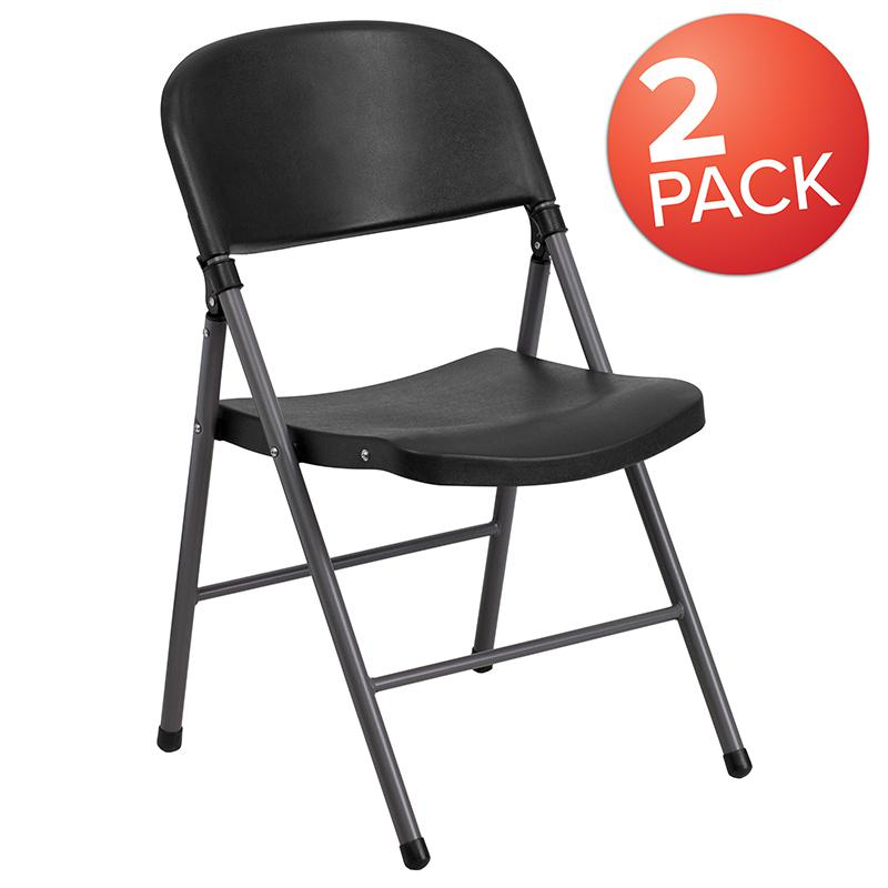 Two black plastic folding chairs with charcoal metal frames from the HERCULES Series, 330 lb. capacity, by Start2Finish.