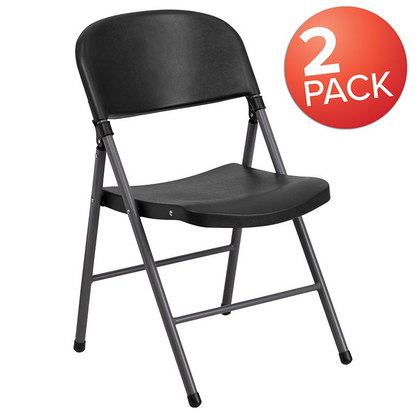 Two black plastic folding chairs with charcoal metal frames from the HERCULES Series, 330 lb. capacity, by Start2Finish.