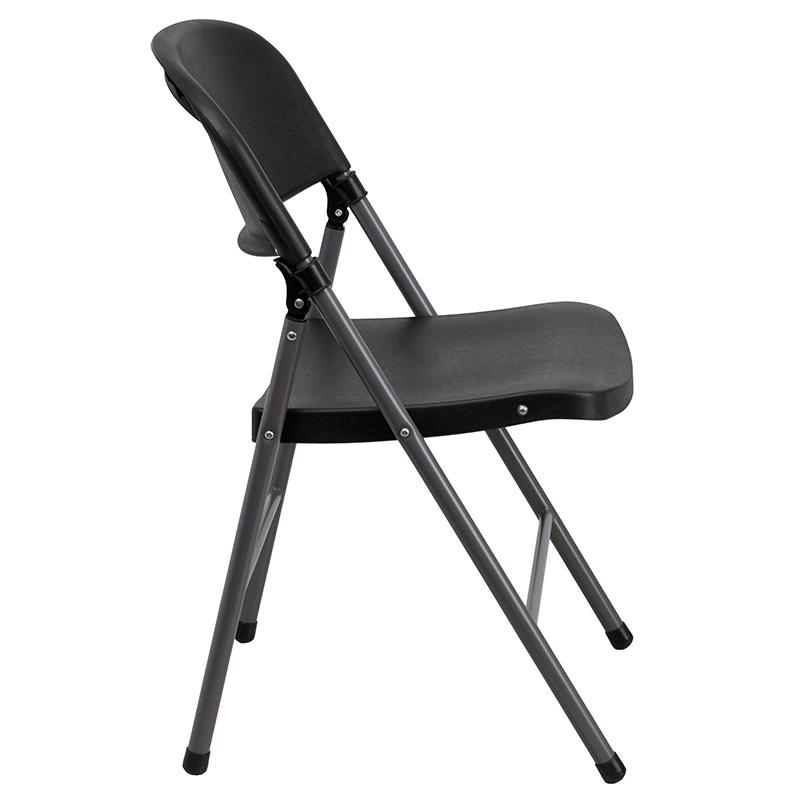 Two black plastic folding chairs with charcoal metal frames, each supporting up to 330 pounds, from the HERCULES Series by Start2Finish.