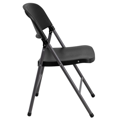Two black plastic folding chairs with charcoal metal frames, each supporting up to 330 pounds, from the HERCULES Series by Start2Finish.