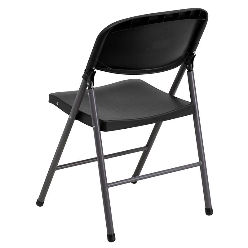 Two black plastic folding chairs with charcoal frames, each supporting up to 330 pounds, from the HERCULES Series by Start2Finish