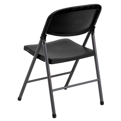 Two black plastic folding chairs with charcoal frames, each supporting up to 330 pounds, from the HERCULES Series by Start2Finish