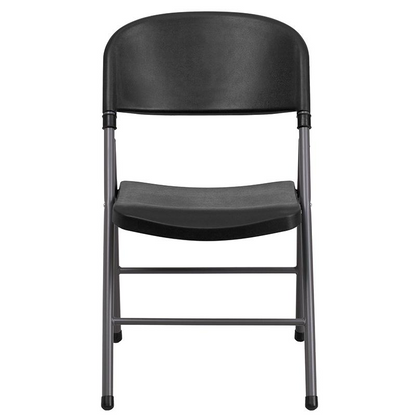 Two black plastic folding chairs with charcoal frames from the HERCULES Series, each with a 330 lb. capacity, stacked side by side.