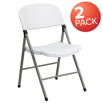 Set of 2 HERCULES Series white plastic folding chairs with gray metal frames, lightweight and easy to fold for versatile seating.