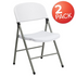 Set of 2 HERCULES Series white plastic folding chairs with gray metal frames, lightweight and easy to fold for versatile seating.