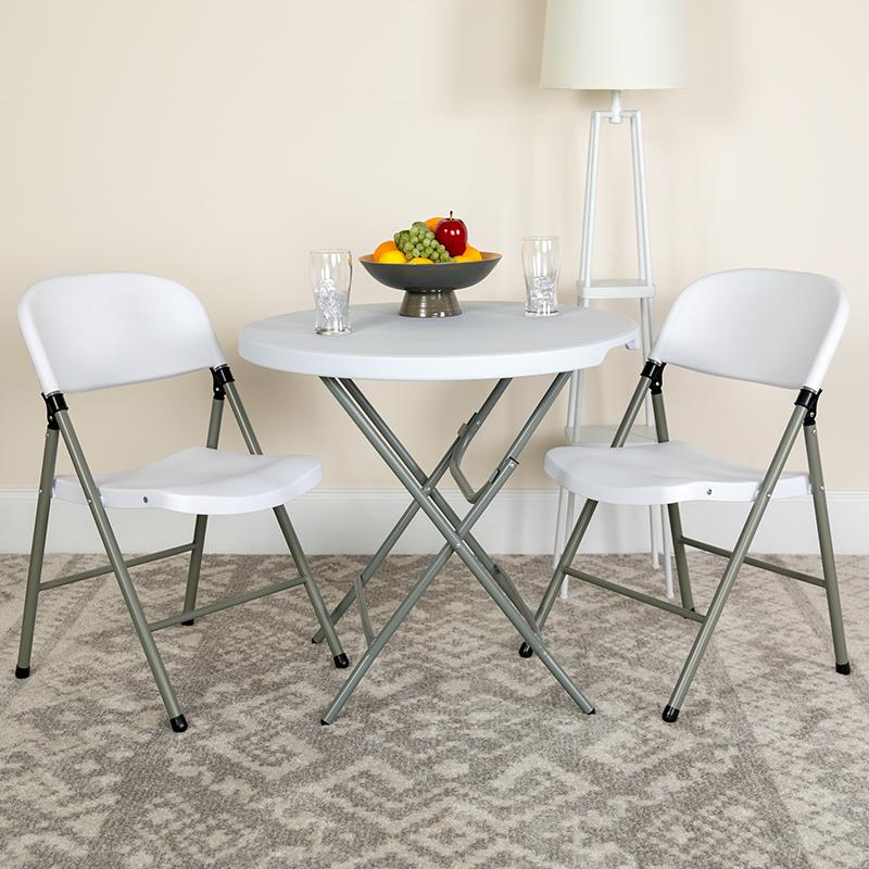 Set of 2 HERCULES Series white plastic folding chairs by Start2Finish with gray metal frames, lightweight and easy to fold.