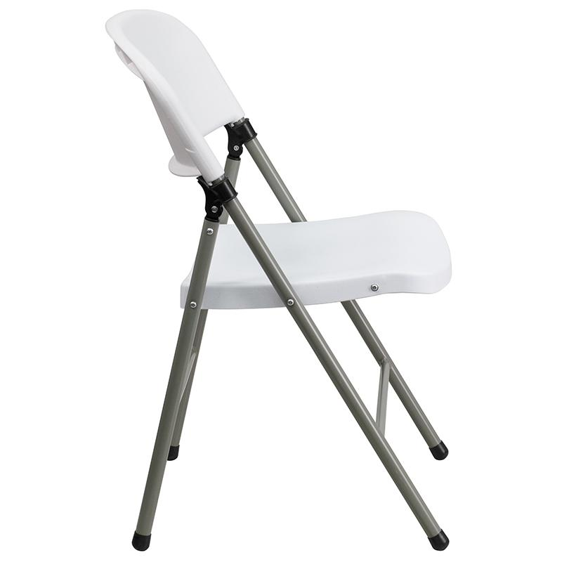 Pair of HERCULES Series white plastic folding chairs with gray metal frames, lightweight and portable, ideal for versatile seating.