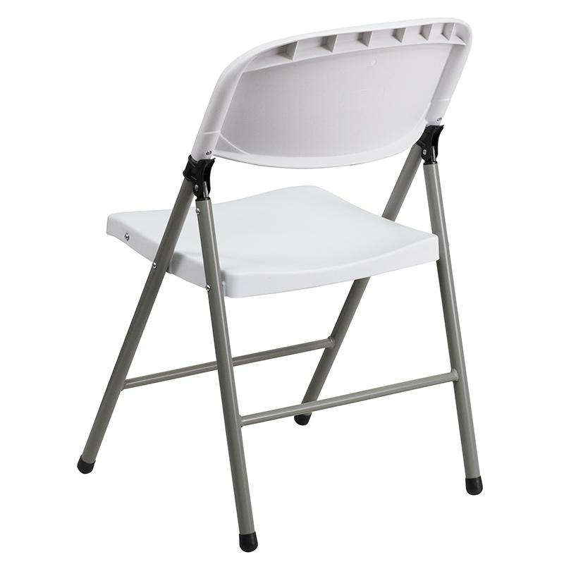 Pair of HERCULES Series white plastic folding chairs with gray frames, lightweight and portable for versatile seating.