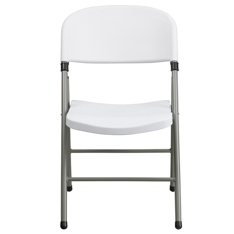 Start2Finish Hercules Series white plastic folding chairs with gray frames, set of 2, lightweight and portable for easy seating.