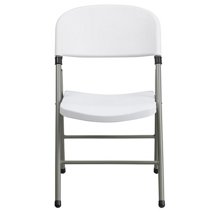 Start2Finish Hercules Series white plastic folding chairs with gray frames, set of 2, lightweight and portable for easy seating.