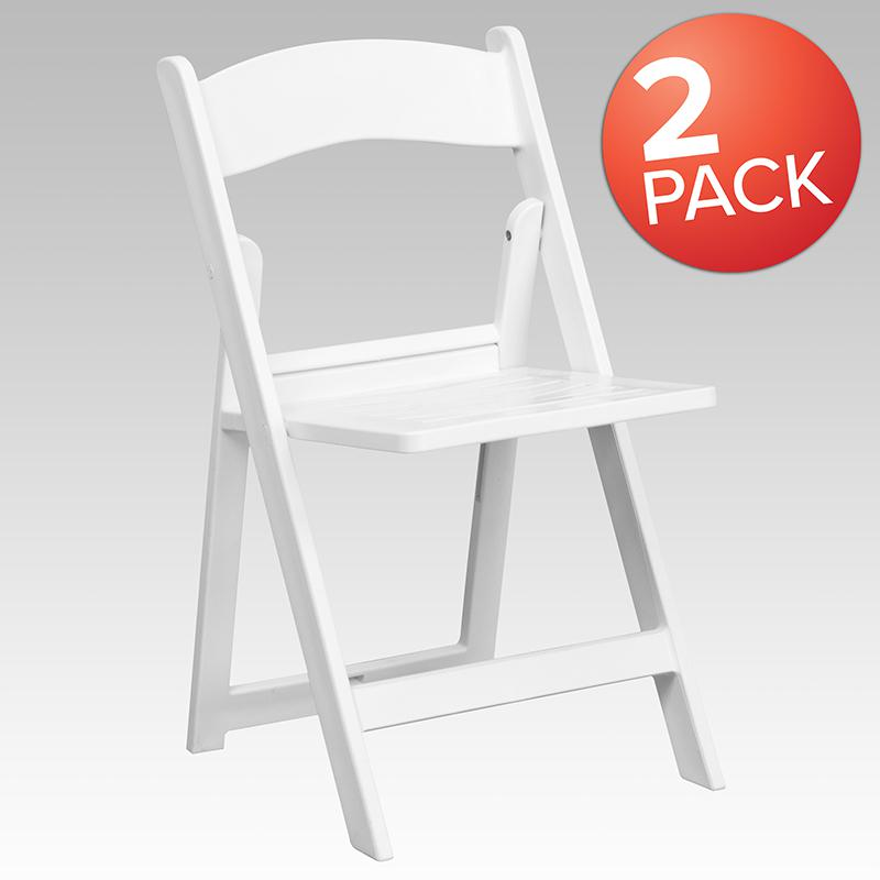 Two white resin folding chairs with slatted seats from the HERCULES Series, 1000 lb. capacity, by Start2Finish.
