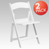 Two white resin folding chairs with slatted seats from the HERCULES Series, 1000 lb. capacity, by Start2Finish.