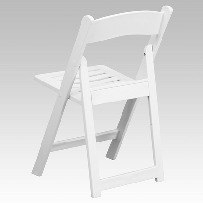 Set of two white resin folding chairs from HERCULES Series with slatted seats and 1000 lb. capacity, ideal for versatile seating.