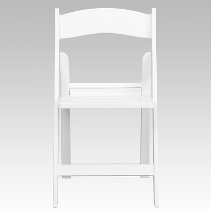 Two white resin folding chairs from Hercules Series with slatted seats, 1000 lb. capacity, by Start2Finish.