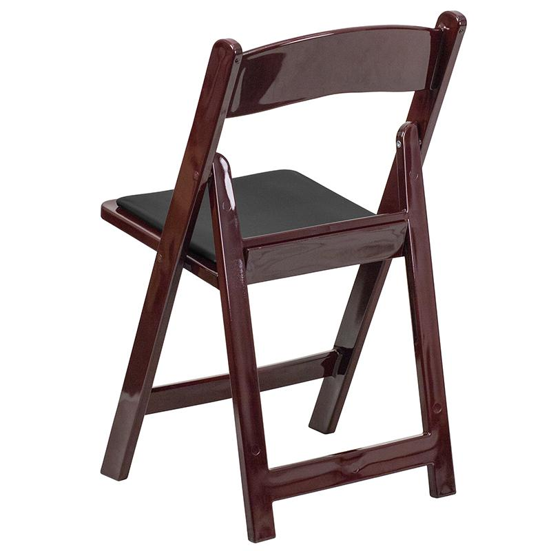 Two red mahogany resin folding chairs with black padded vinyl seats from Hercules Series, 1000 lb. capacity, by Start2Finish.