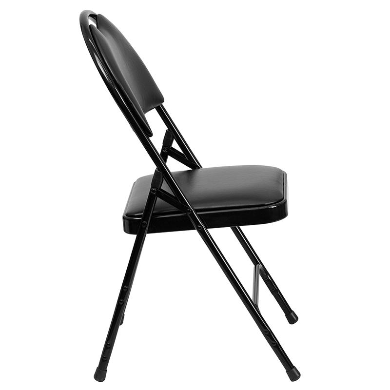 Two black vinyl folding chairs with triple-braced metal frames and easy-carry handles, designed for versatile indoor and outdoor use.