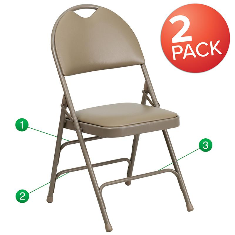Two beige HERCULES Series vinyl metal folding chairs with triple bracing and easy-carry handles, ideal for versatile furniture use.