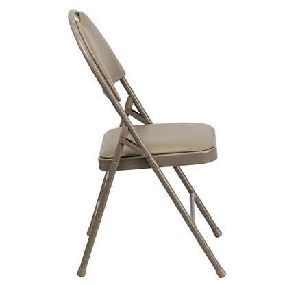 Two beige HERCULES Series vinyl metal folding chairs with triple braces and easy-carry handles, designed for durable and portable furniture.