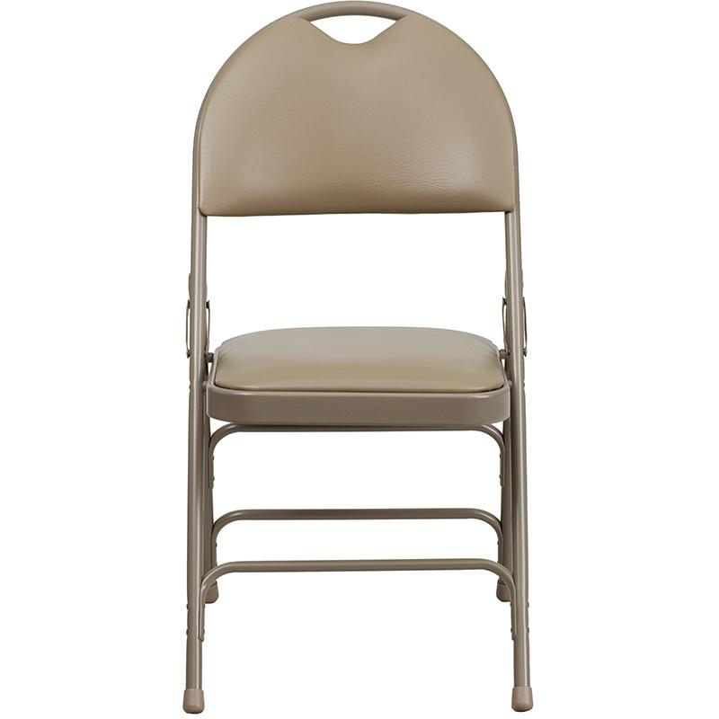 Two beige HERCULES Series vinyl folding chairs with triple bracing and easy-carry handles, suitable for versatile furniture use.