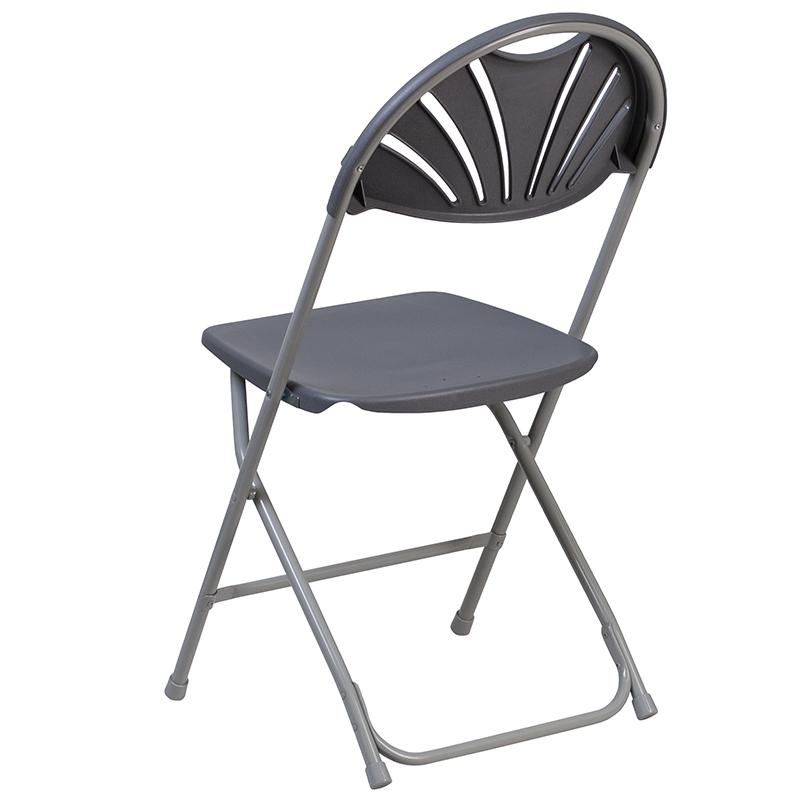 Two Start2Finish HERCULES Series folding chairs with charcoal plastic seats and fan back design, 650 lb. weight capacity